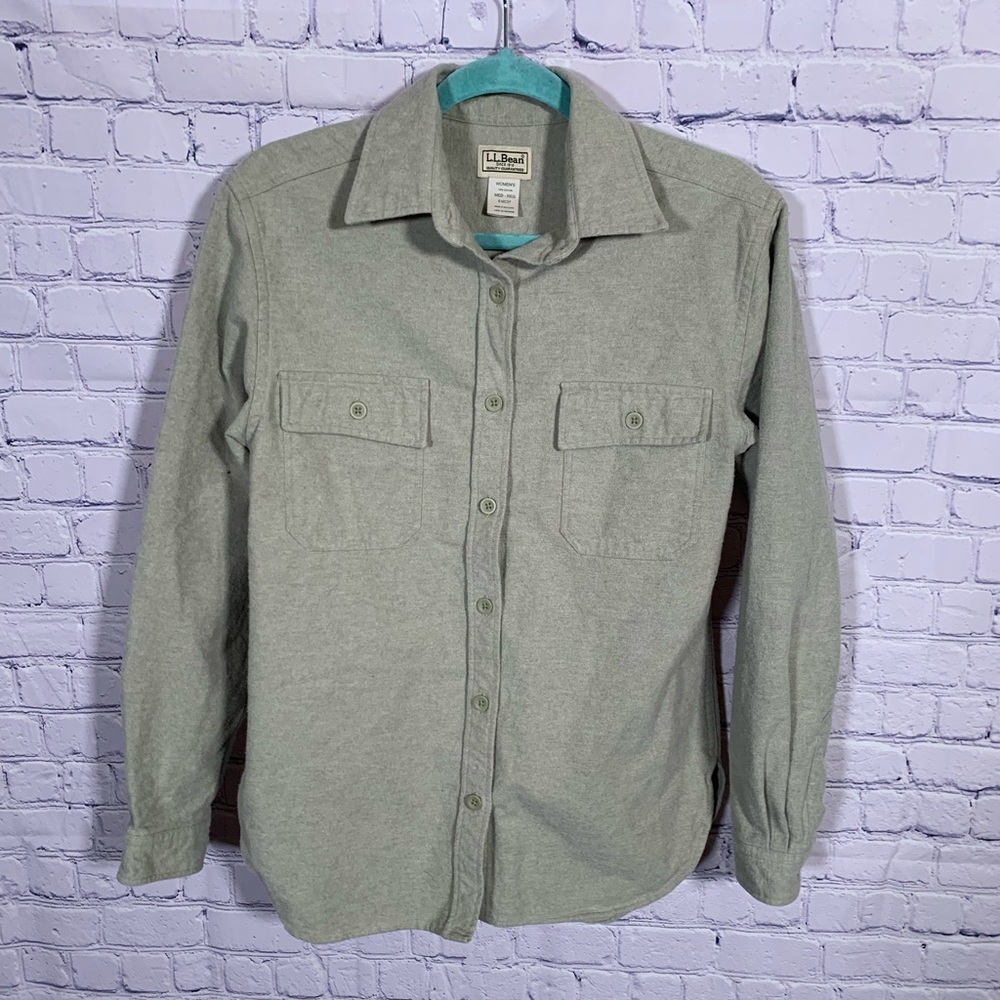 L.L.Bean Womens Chamios Flannel Button Down Green Size M Cotton Casual Outdoor